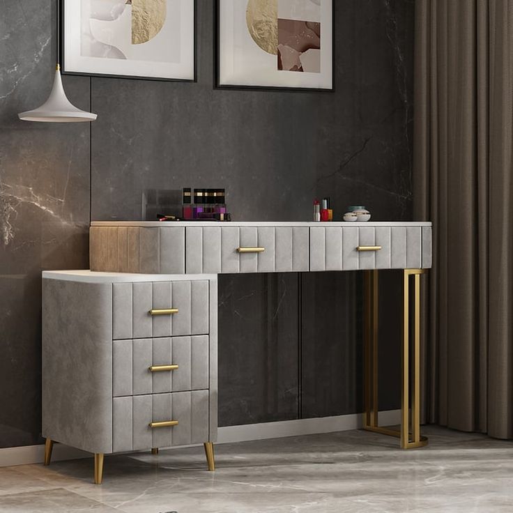 Coiffeuse Moderne 5 Tiroirs + Tabouret et Miroir