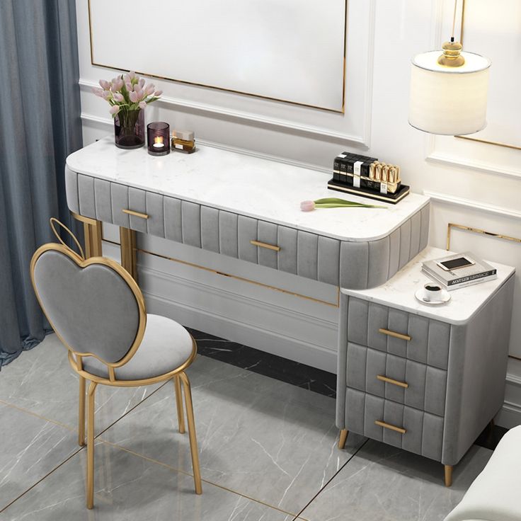 Coiffeuse Moderne 5 Tiroirs + Tabouret et Miroir