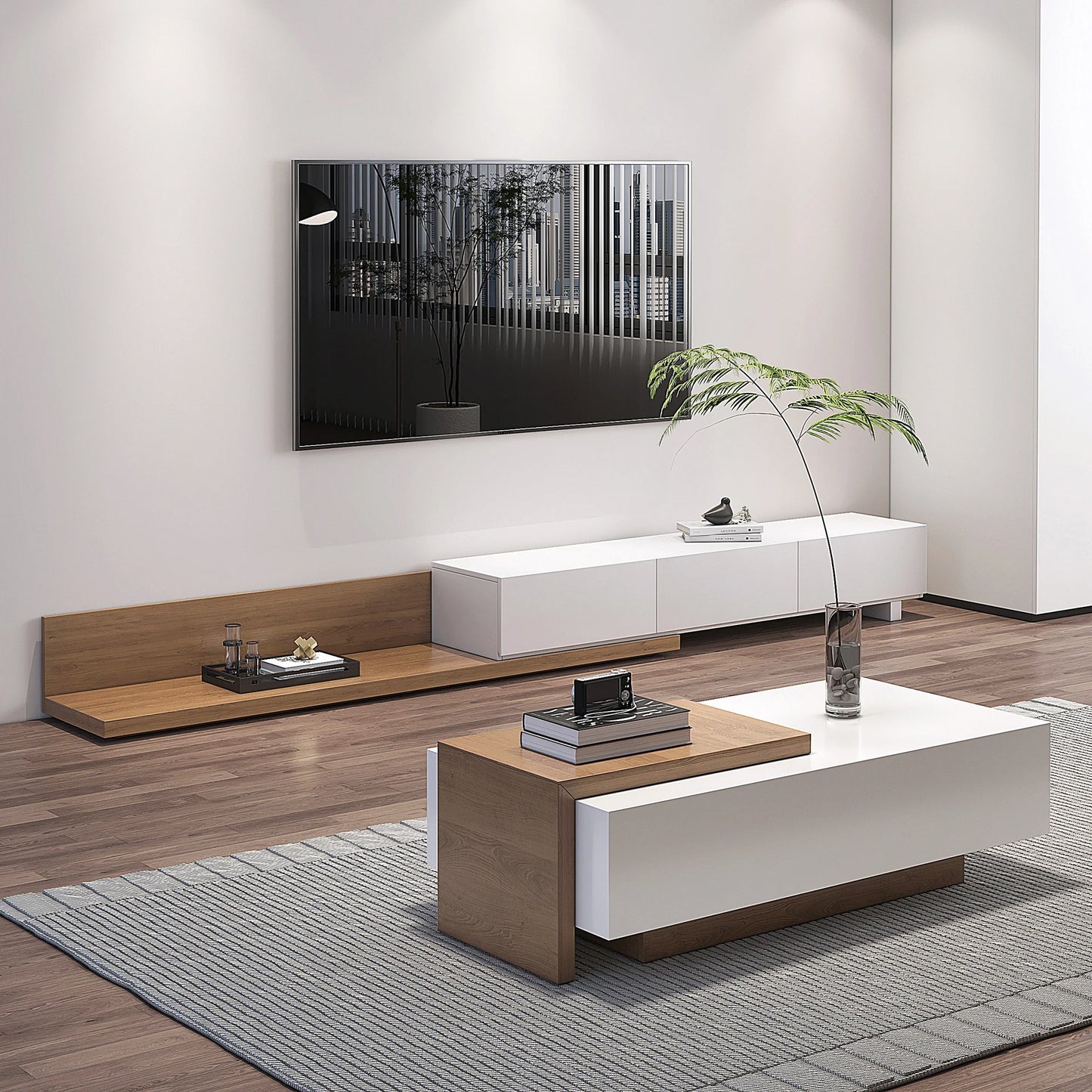 Ensemble Table Basse et Meuble TV Extensible avec Tiroirs