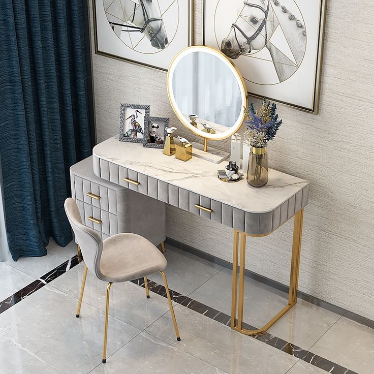 Coiffeuse Moderne 5 Tiroirs + Tabouret et Miroir