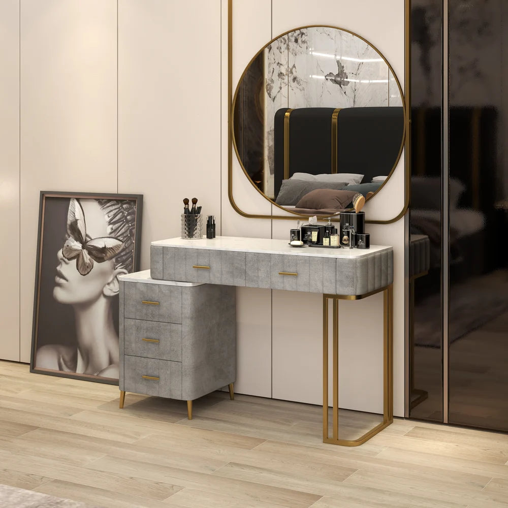 Coiffeuse Moderne 5 Tiroirs + Tabouret et Miroir