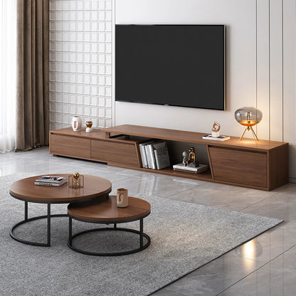 Meuble TV Extensible en Noyer avec Tables Basses Rondes