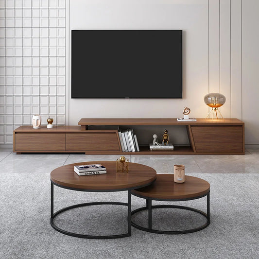 Meuble TV Extensible en Noyer avec Tables Basses Rondes